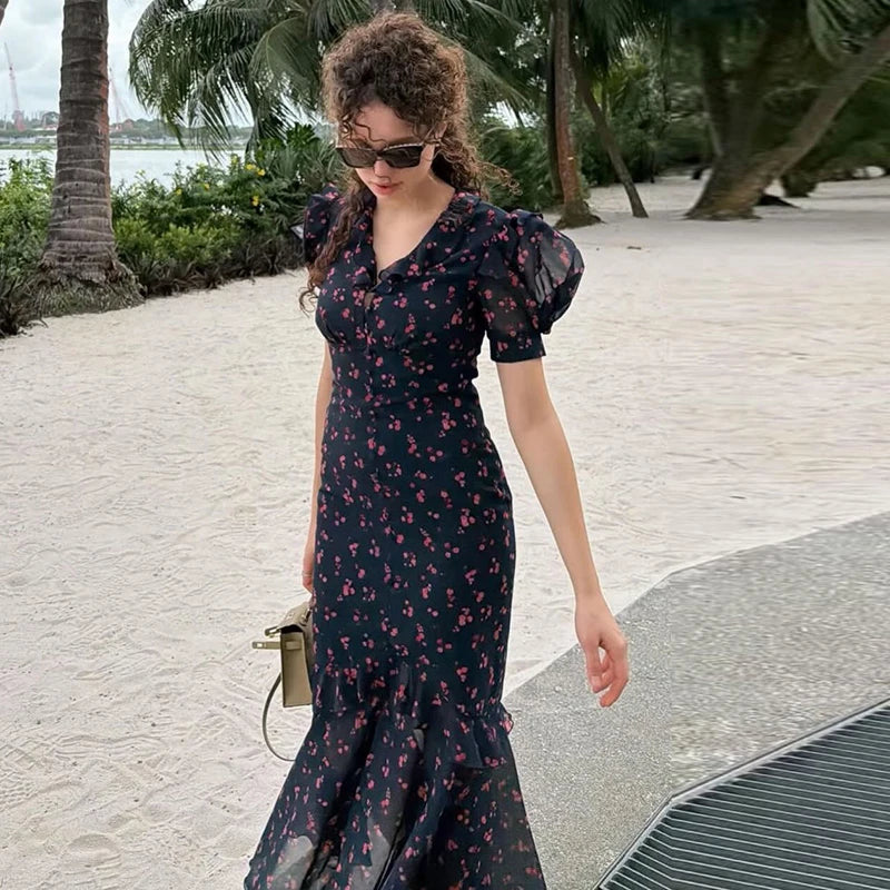 Print Chiffon Long Dress Women V Neck Half Sleeves High Waist Ruffles Belts Split Robe Female 2026 Summer Chic Vacation Dresses