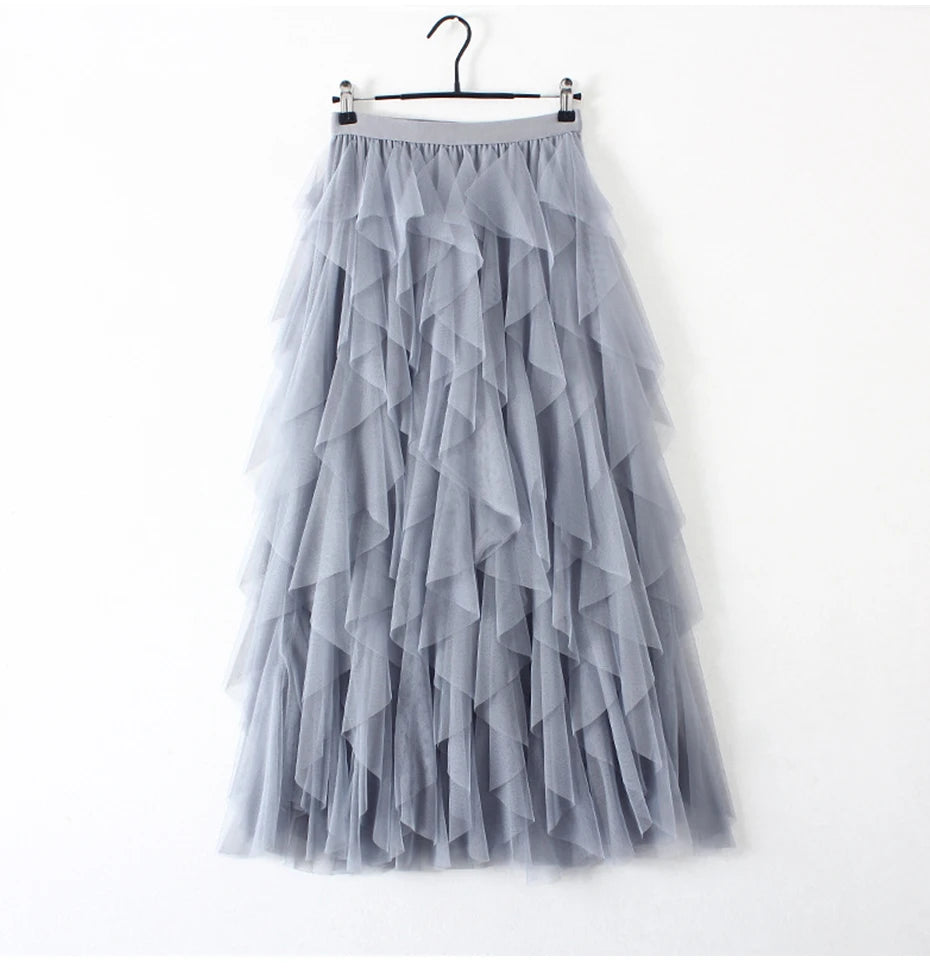 Tutu Tulle Long Maxi Skirt Women Fashion 2022 Korean Cute Pink High Waist Pleated Skirt Mesh Female Lady Aesthetic Faldas