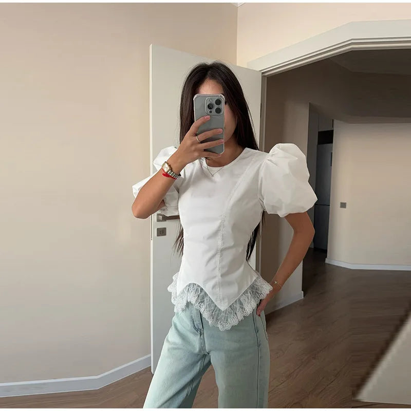 Women Round Neck Puff Sleeve Blouse Solid Lace Trim Asymmetrical Hem Slim Fit Shirt 2026 Spring Summer Chic Elegant Casual Top