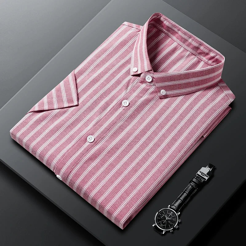 New Men's Casual Striped Short Sleeved Lapel Shirt for Summer Fashion Comfort No Ironing Wrinkle Resistant Top