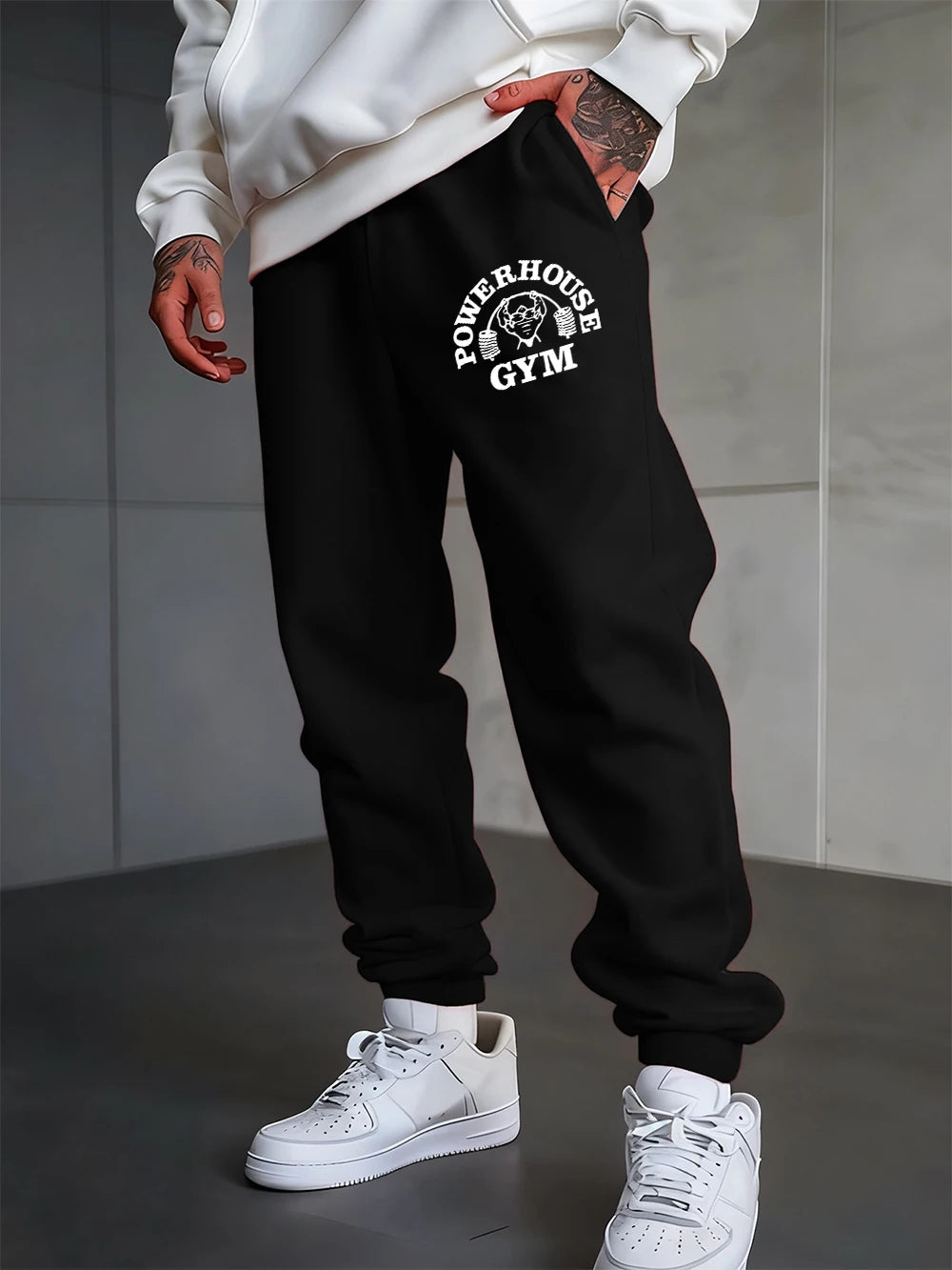 Powerhouse Gym Letter Printed Sweatpants Men'S Basics Trousers Elastic Waist Loose Pocket Pants Casual Fleece Warm Men Clothing