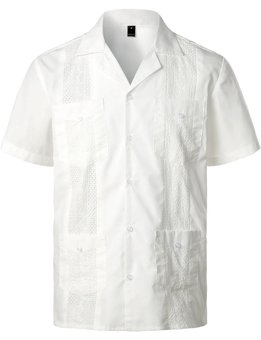 Mideast Men's Guayabera Shirts Four Pockets Embroidered Short Sleeve Shirts Summer Men Mexican Cuban Button Shirt