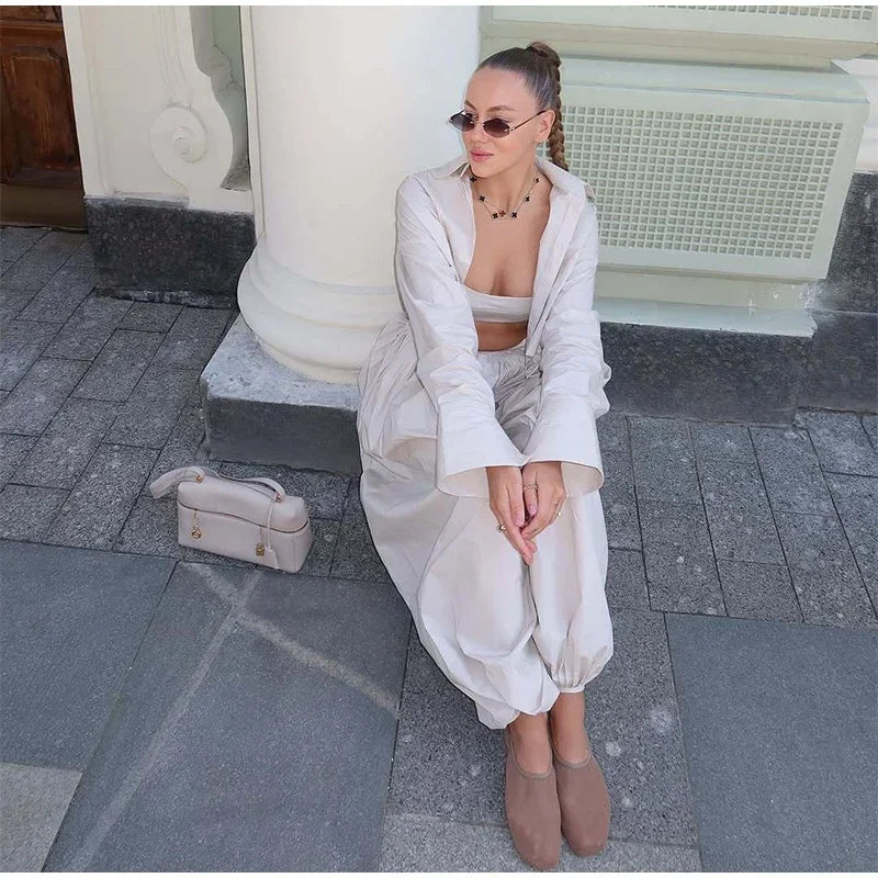 Casual Drop Waist Lantern Pant 3 Pieces Suit Women Stripe Long Sleeves Lapel Loose Shirt Sets 2026 Lady Daily Street Wears New