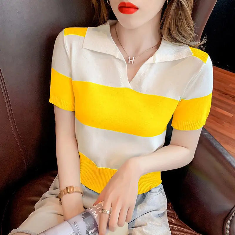 Female Polo Neck Tee Shirts Luxury Short Sleeve Fitted T Shirt High Quality Pullover Good Xxl Top Original Knitted Y2k Striped