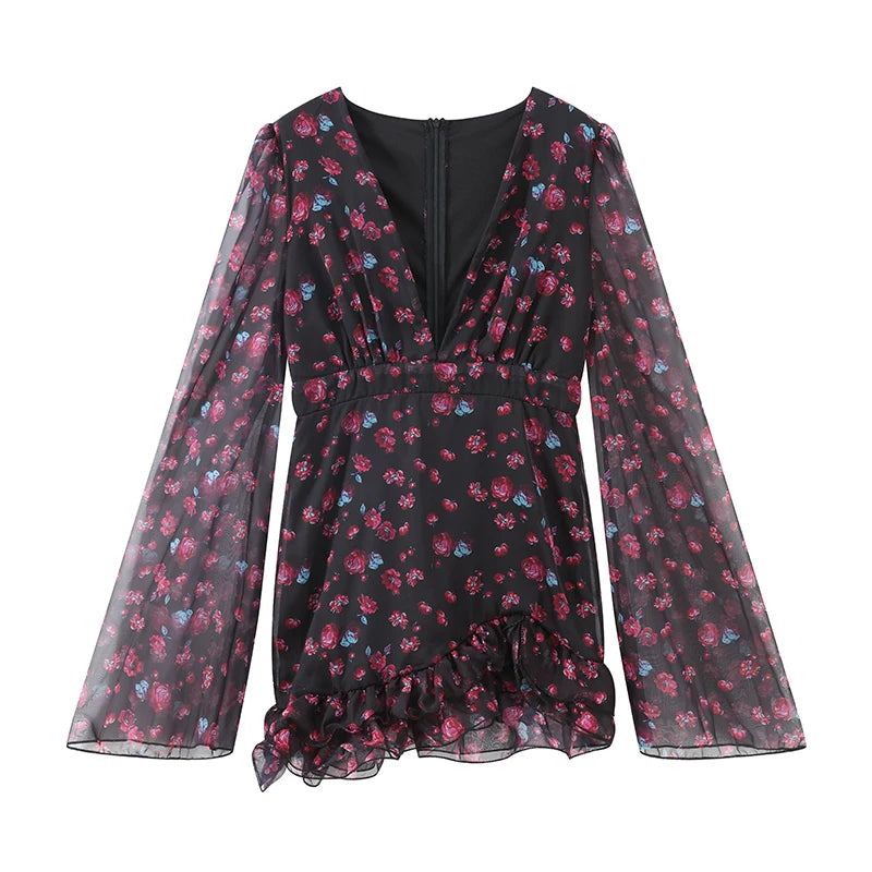 Women Red Floral Printed Mini Dress V-neck Short Sleeved Puff Sleeve Waist Trim Ruffle Slit Hem Dresses 2026 Summer Party Gown