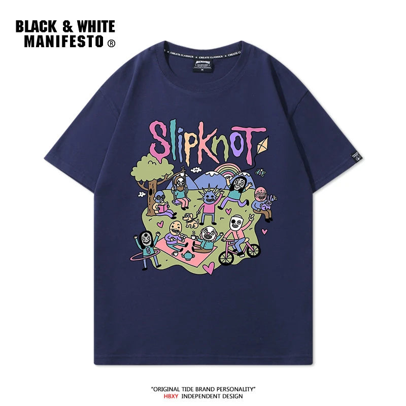 Rock Retro Slipknot T-Shirt Short Sleeve Men's Heavy Metal Cartoon Printed Loose Top Half Sleeve
