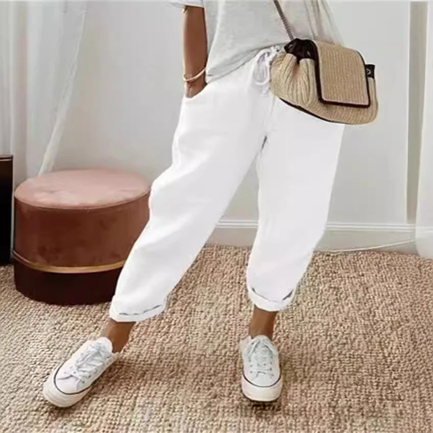 Women Blend Wide Leg Harem Pants Summer Fashion Elastic Waist Pocket Solid Ankle Trousers S-5XL Oversized LRFZ-911