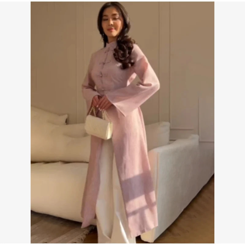 Chinese Style Frog Button Two Piece Set Long Flared Sleeve Ruched Waist Traditional Oriental Outline Sets Spring Picnic Outfit