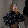 Fashion Navy Polka Dot Shorts Set For Women Casual Stand Collar Zipper Jacket & High Waist Shorts Lady 2026 Spring Chic Outfits