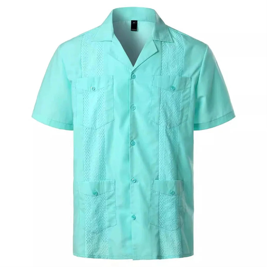 Mideast Men's Guayabera Shirts Four Pockets Embroidered Short Sleeve Shirts Summer Men Mexican Cuban Button Shirt