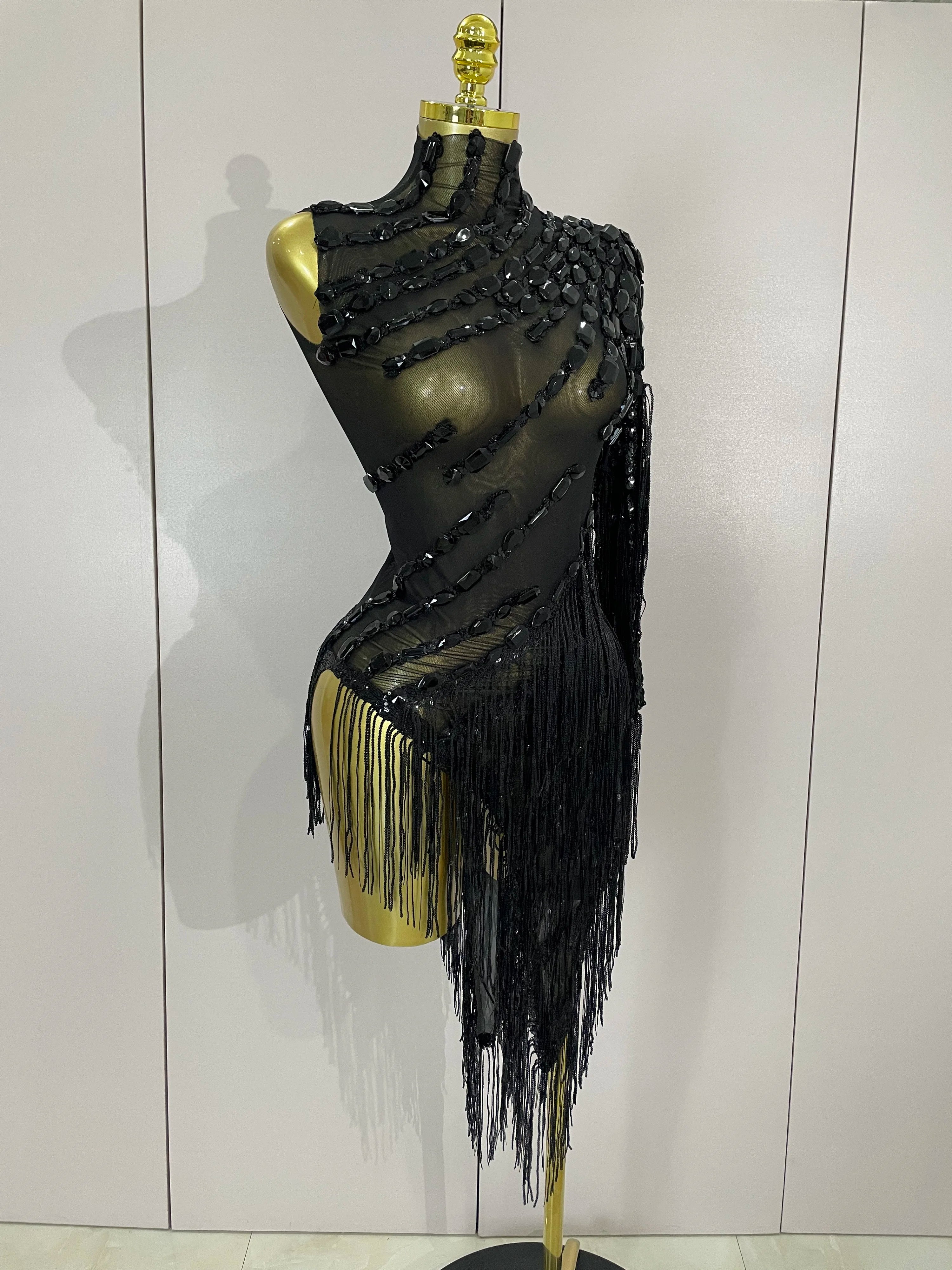 STOCK Sparkly Rhinestones Tassel Sexy See-Through Dress Women One Shoulder Latin Dance Outfits Bar Nightclub Party Stage Costume