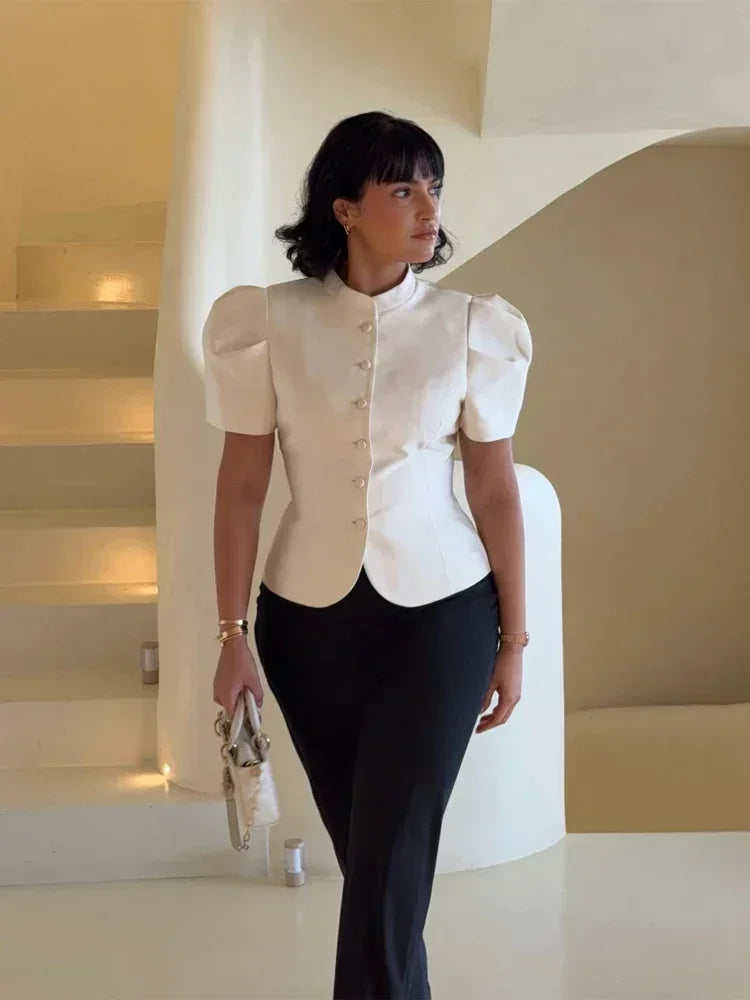 Chic White Lantern Sleeve Shirt Women Solid Stand Collar Stand Collar Slim Shirts Lady Casual Tops Commute Outwear 2026 New