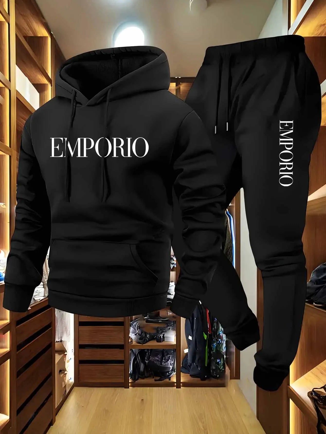 Men's Olive Green Casual Cargo Sweatshirt And Jogger Set with EMPORIO Print Drawstring Hood Pullover Top And Multi-Pocket