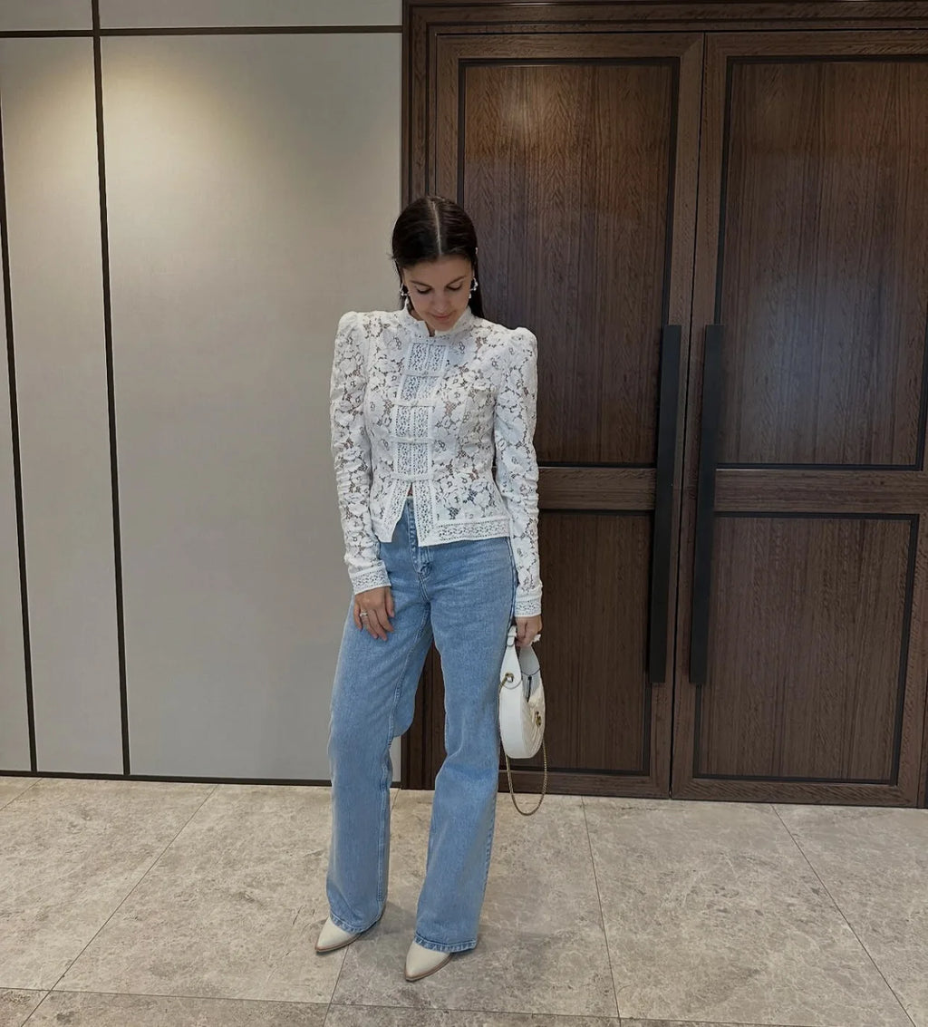 2026 Summer Lace Printed Shirts Tops Female Hollow Out Fashion Commute Vintage See-Through Blouse Women's Lace Shrug Shirts New