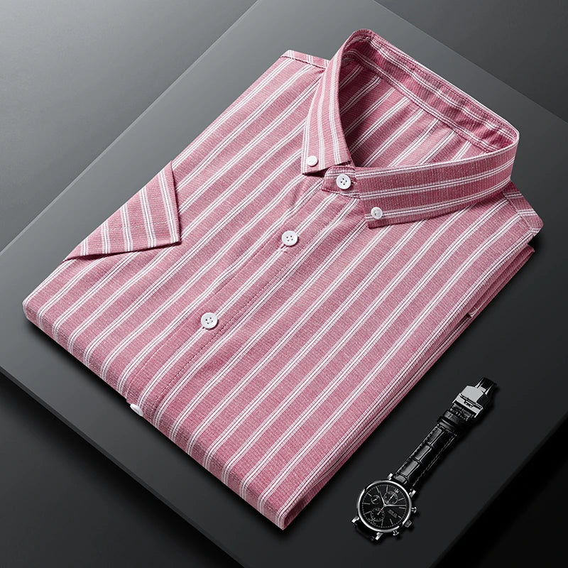 New Men's Casual Striped Short Sleeved Lapel Shirt for Summer Fashion Comfort No Ironing Wrinkle Resistant Top