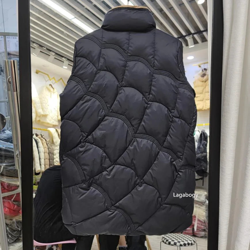 Lagabogy 2025 Mid-Long Puffer Jacket Winter Women Simple White Duck Down Coat Stand Collar Parka Female Single Breasted Outwear
