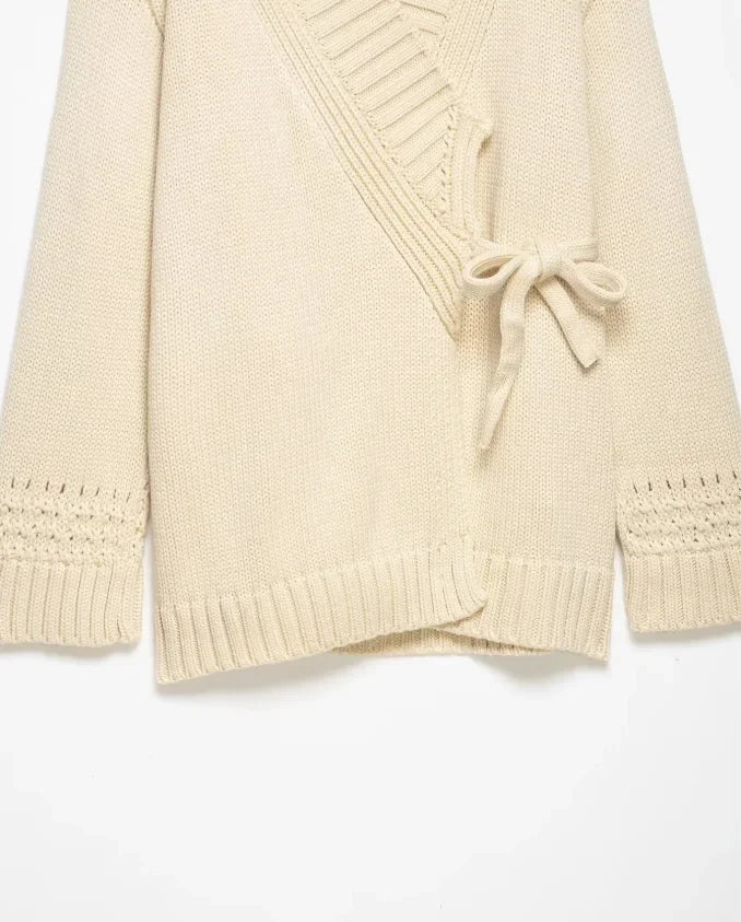 Chic V-neck Knitted Lace-up Women Cardigan Elegant Solid Full Sleeve Loose Cropped Sweater 2026 Lady Commute Office Cardigans