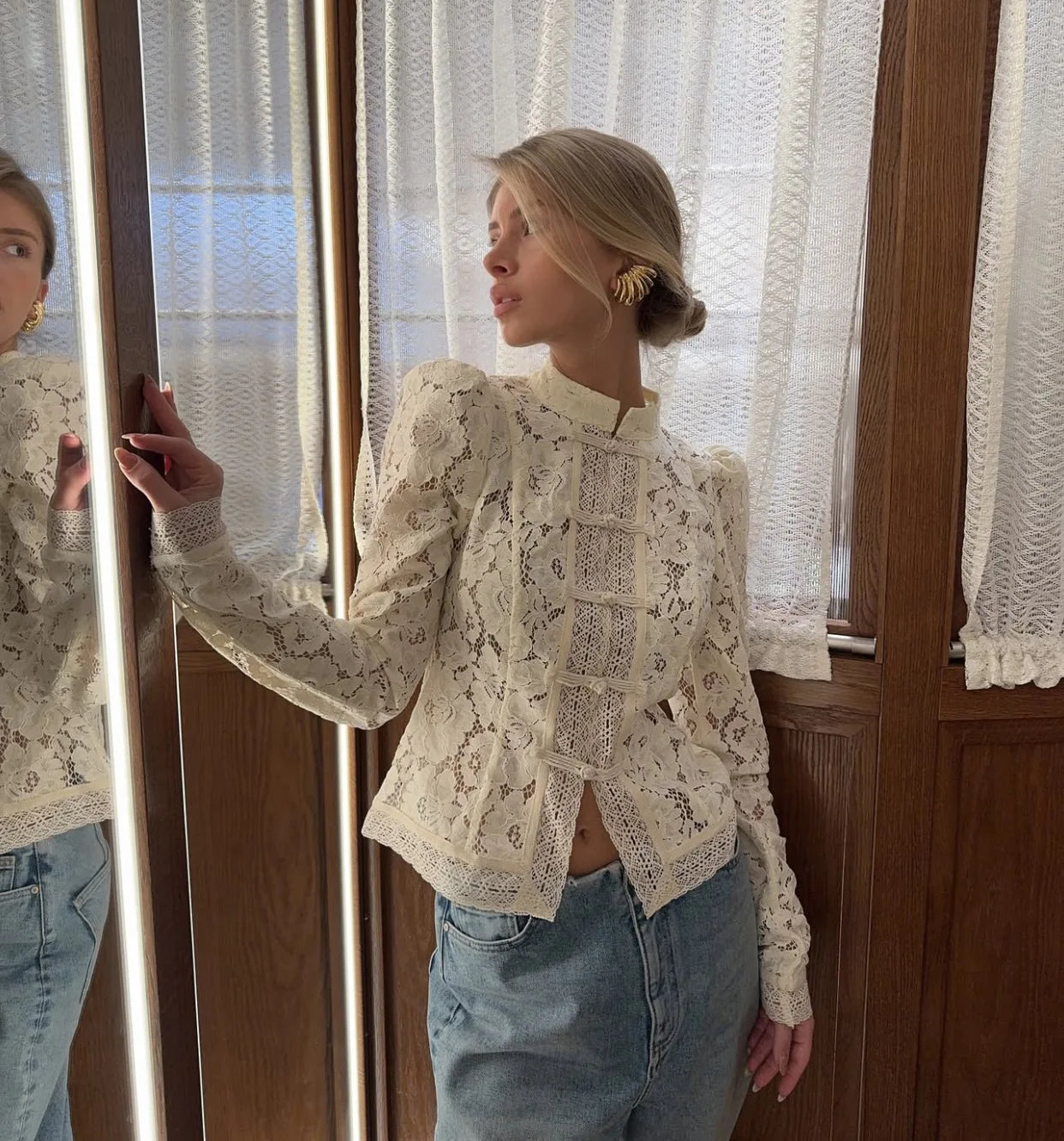 2026 Summer Lace Printed Shirts Tops Female Hollow Out Fashion Commute Vintage See-Through Blouse Women's Lace Shrug Shirts New