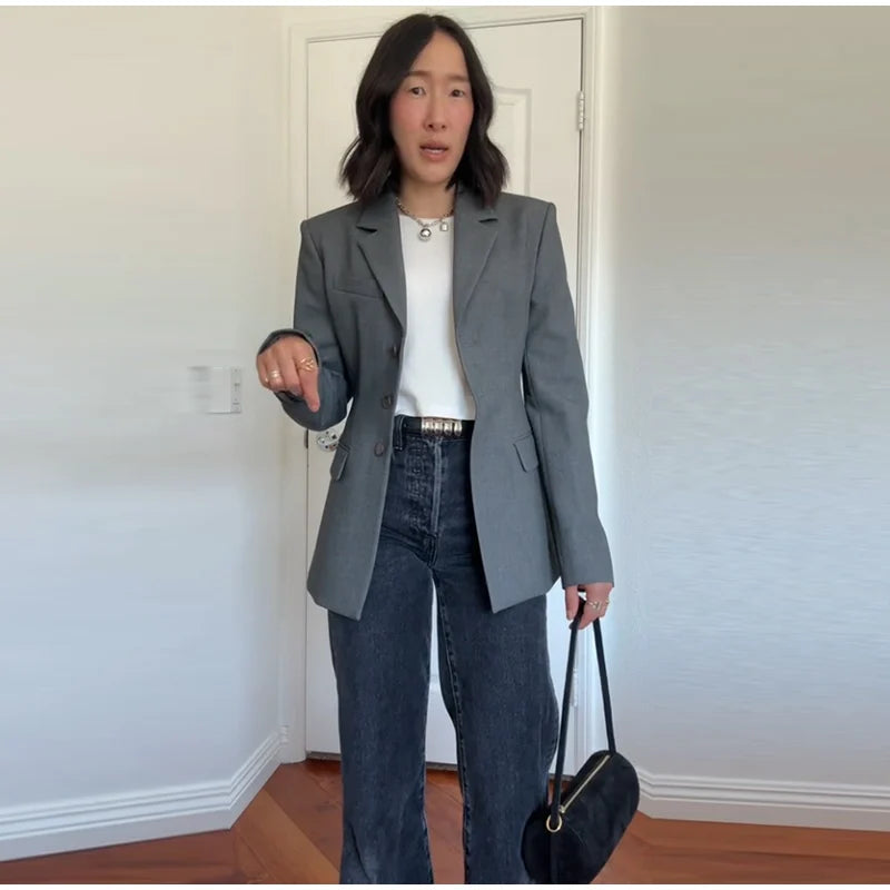 2026 Spring New Solid Lapel Blazer Jacket For Women Elegant Long Sleeve Waist Suit Coats Office Lady Chic Commute Tops