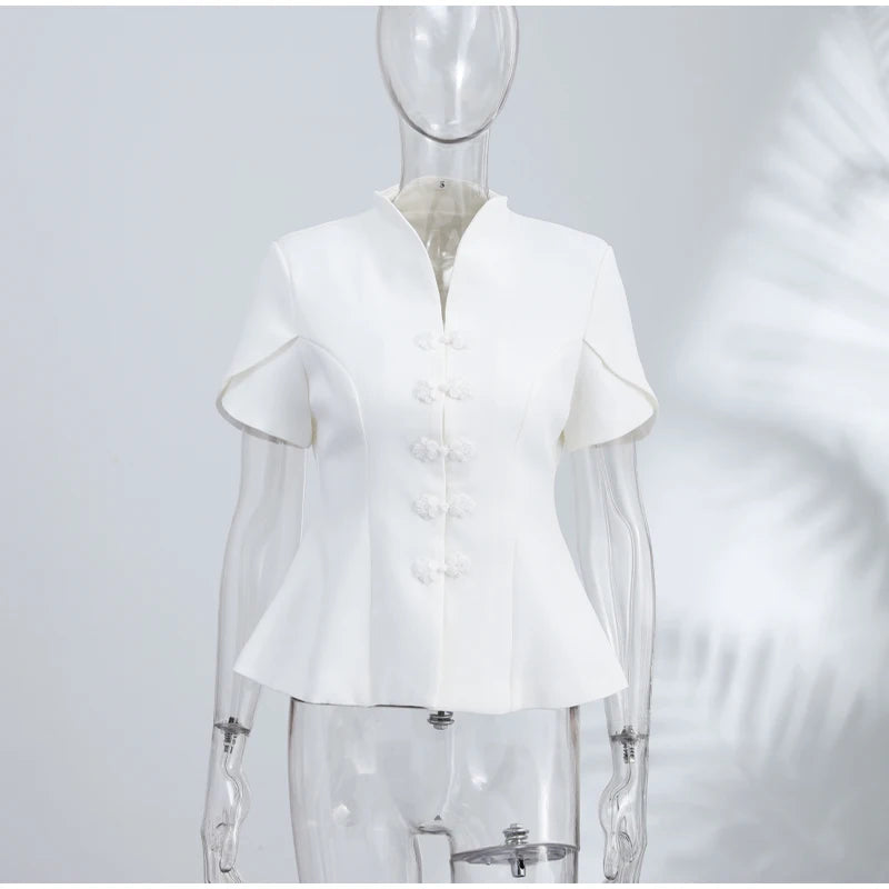 2026 Spring Summer Short Puff Sleeve Frog Button Shirt For Women Stand Collar  Single Breasted Blouse Lady Chic Street Party Top