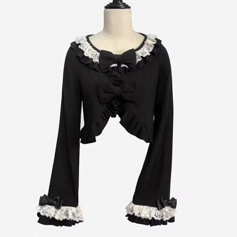 Japanese Women Knitted Sweet Bow Cardigan Sun Protection Lace Patchwork Lolita Crop Tops Y2k Aesthetic Flare Sleeve Grunge Coat