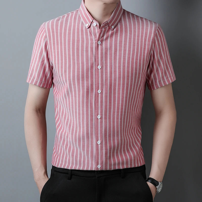 New Men's Casual Striped Short Sleeved Lapel Shirt for Summer Fashion Comfort No Ironing Wrinkle Resistant Top