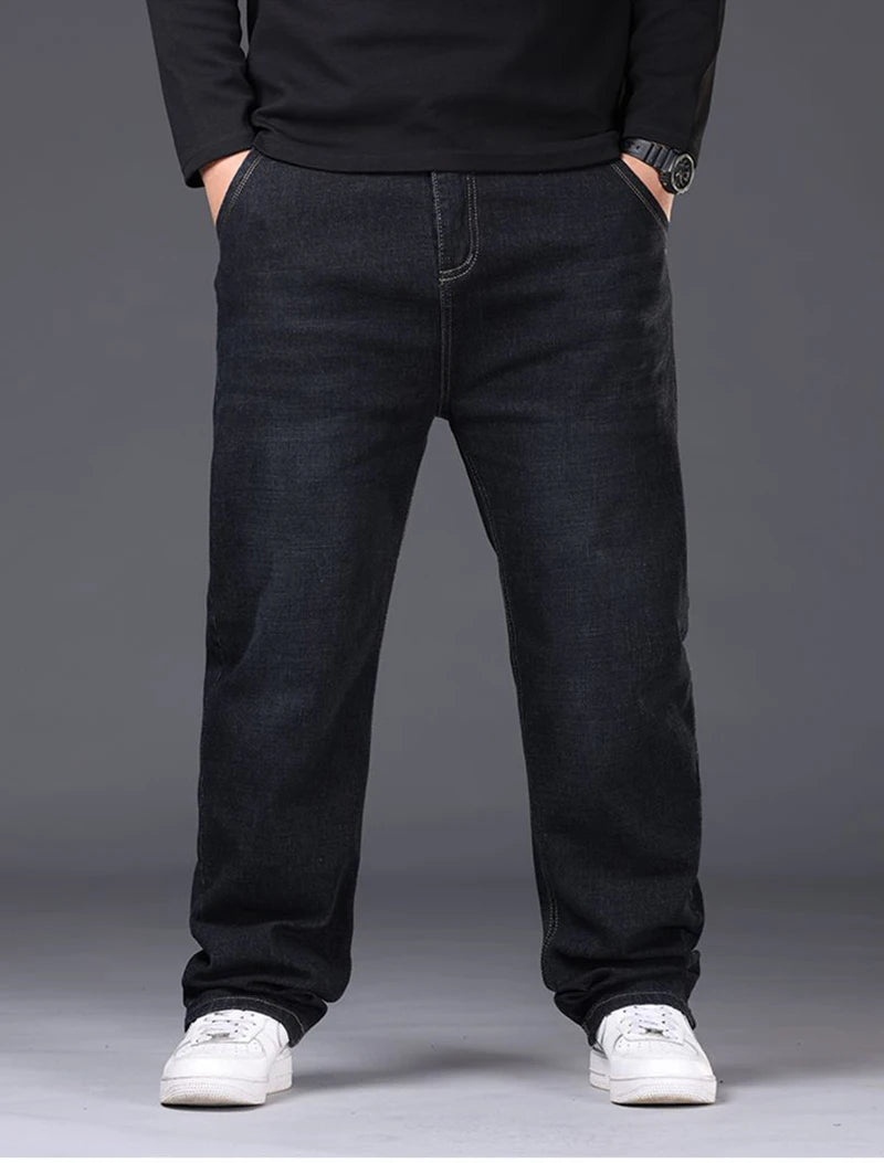 Men Fashion Plus Size 48 50 Black Jeans Male Business Daily Casual Loose Denim Pants Minimalist Stretch Straight Leg Trousers