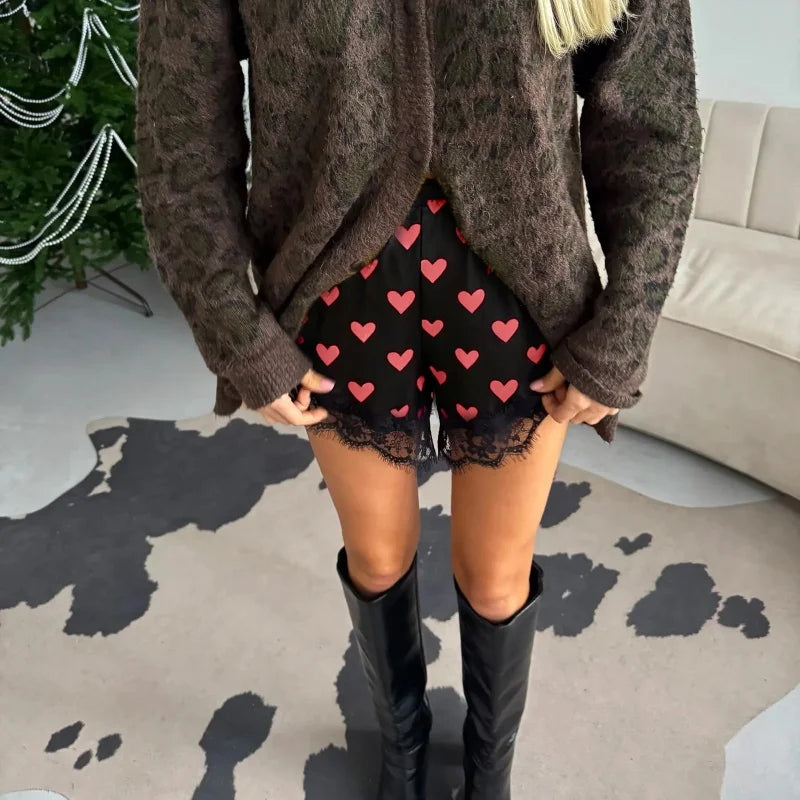Women Heart Print Lace Satin Shorts Silk Y2k Elastic Waist Mini Shorts Coquette Aesthetic Boxer Slip Pettipants French Knickers