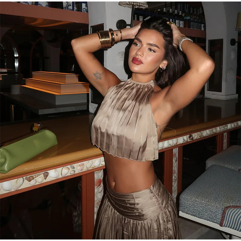 Luxury Women's Maxi Skirts Set Halter Neck Open Back Crop Top High Waist Flowy Long Skirt Elegant Formal Evening Party Outfit