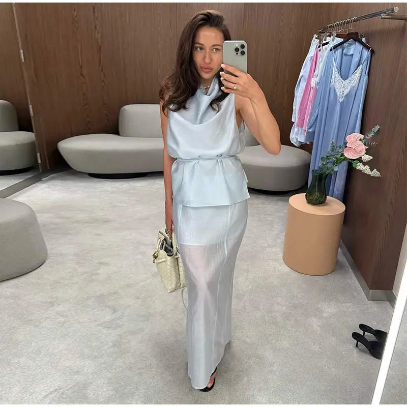 Casual Yellow Top Long Skirts Sets Women Sleeveless Lace Up Tops Straight Slit Skirt 2026 Summer Holiday Street Lady Solid Suits