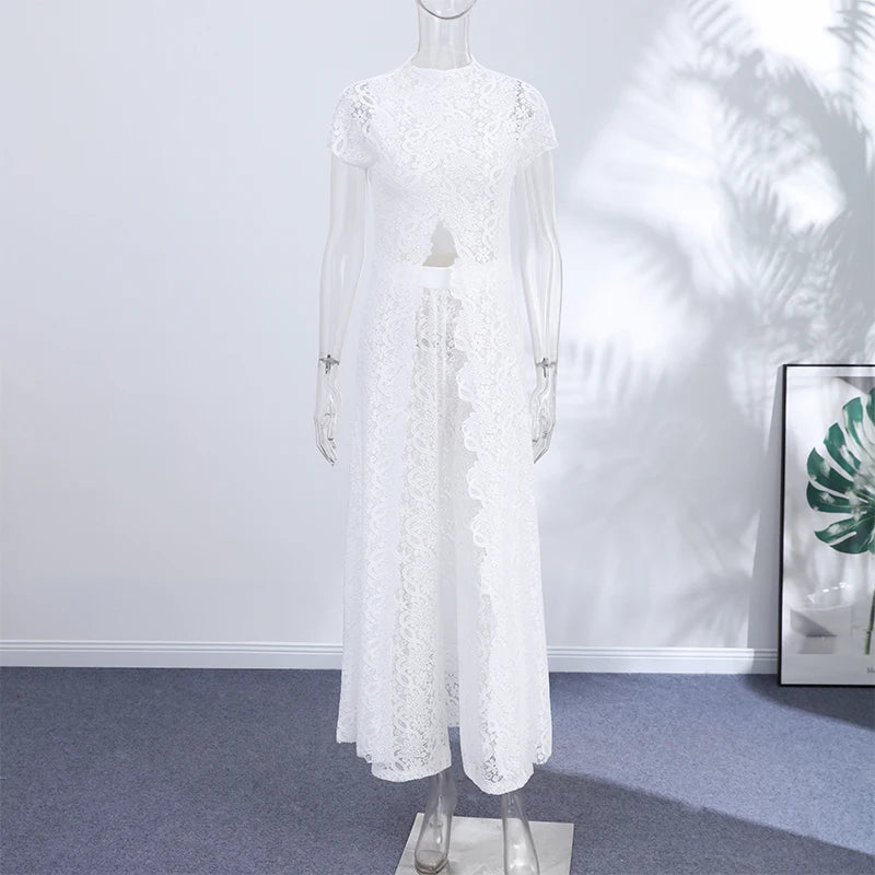 Women Pant Set Stand Collar Lace Sheer Sleeveless Split Front Top Wide Leg Solid Pant Casual Elegant Two Piece Set For Ladies