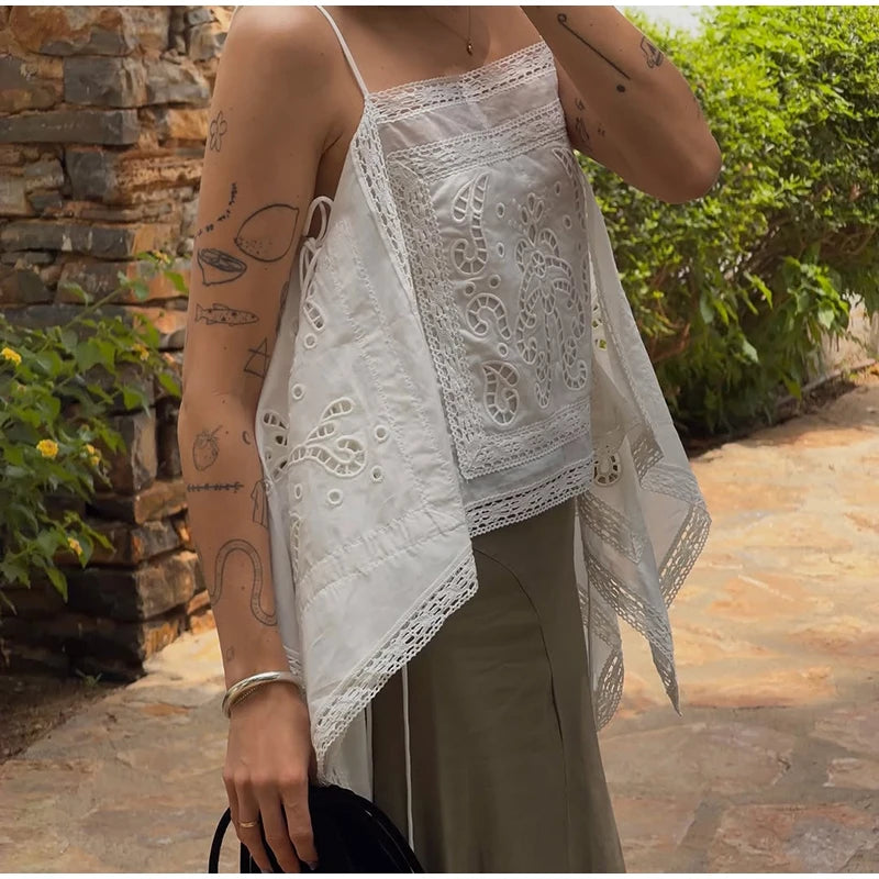 Women's Embroidery Vest Top Vintage Hollow Out Crew Neck Sleeveless Side Split Tank Summer Party Club Daily Matching Streetwear