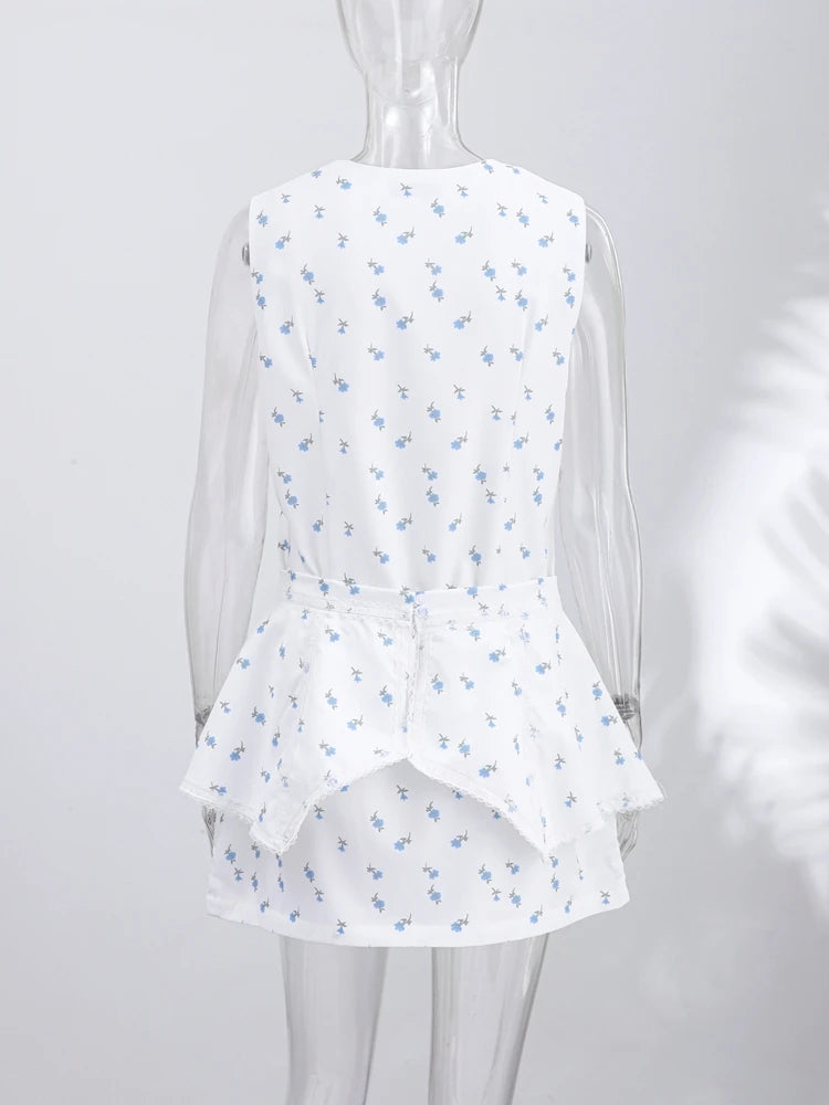 Print  Dress Women's Floral Satin Mini Dress Deep V-Neck Puff Sleeves Peplum Waistband Two-Piece Party Dresses Woman Clothes