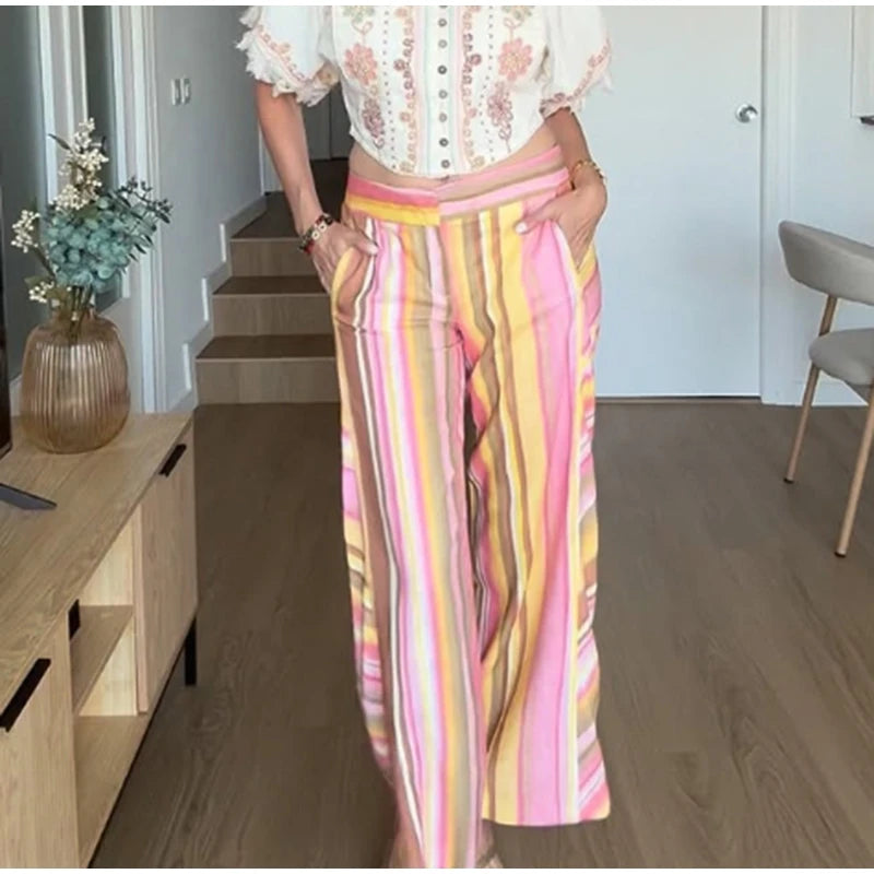 Street Striped Jeans Women's High-Waist Pockets Wide-Leg Trouser 2026 Spring Summer Retro Multicolor Vertical Stripe Denim Pant