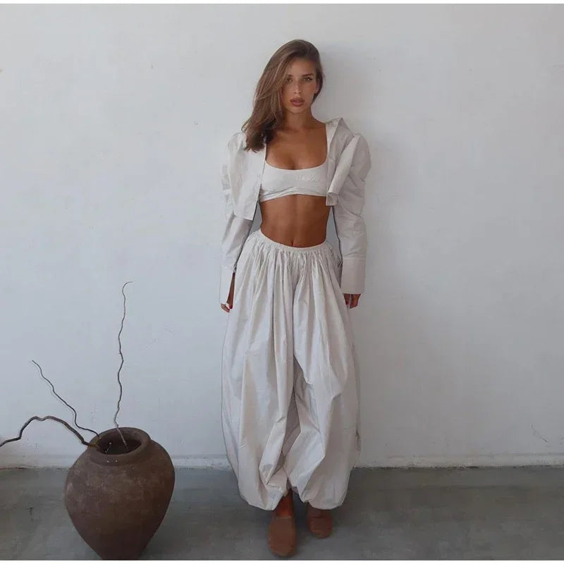 Casual Drop Waist Lantern Pant 3 Pieces Suit Women Stripe Long Sleeves Lapel Loose Shirt Sets 2026 Lady Daily Street Wears New