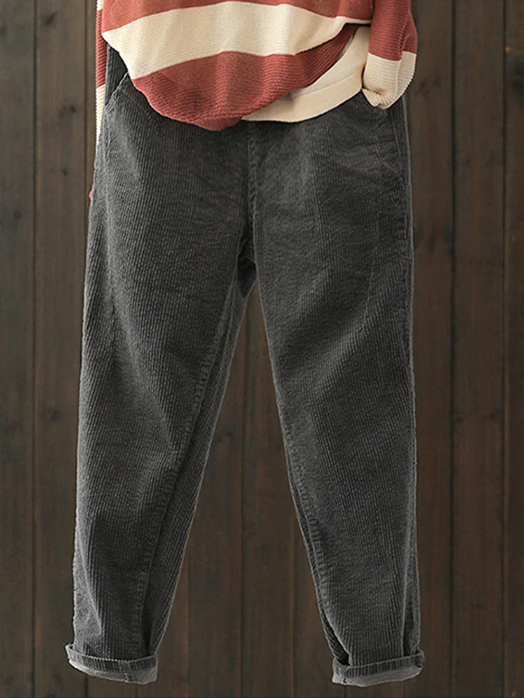 Johnature Corduroy Pants For Women Elastic Waist Solid Color Trouser 2025 Spring New  Women Cloths Pockets Casual Pants