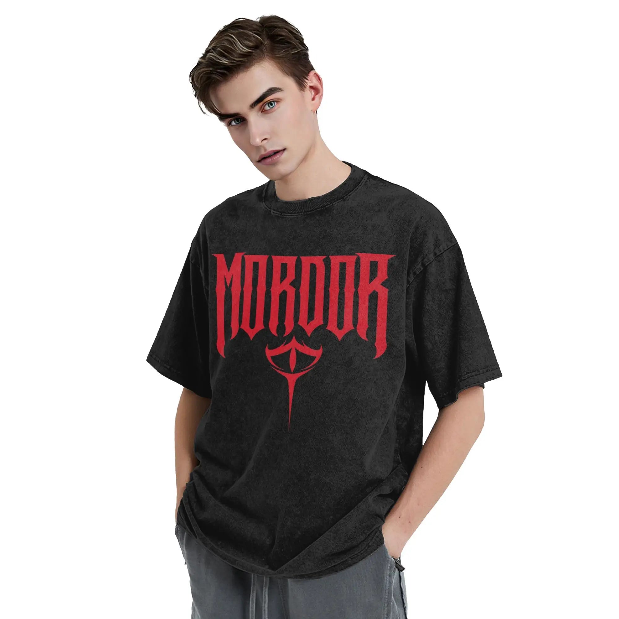 Mordor Metal L-Lords Of The R-Rings T Shirts Hip Hop Washed Cotton Harajuku T-Shirts for Men Women Tops Streetwear Printed Tees
