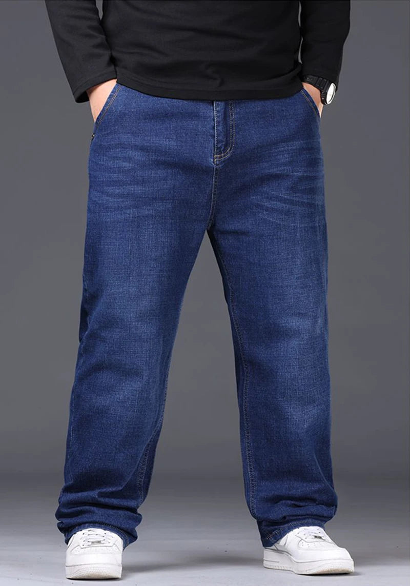 Men Fashion Plus Size 48 50 Black Jeans Male Business Daily Casual Loose Denim Pants Minimalist Stretch Straight Leg Trousers