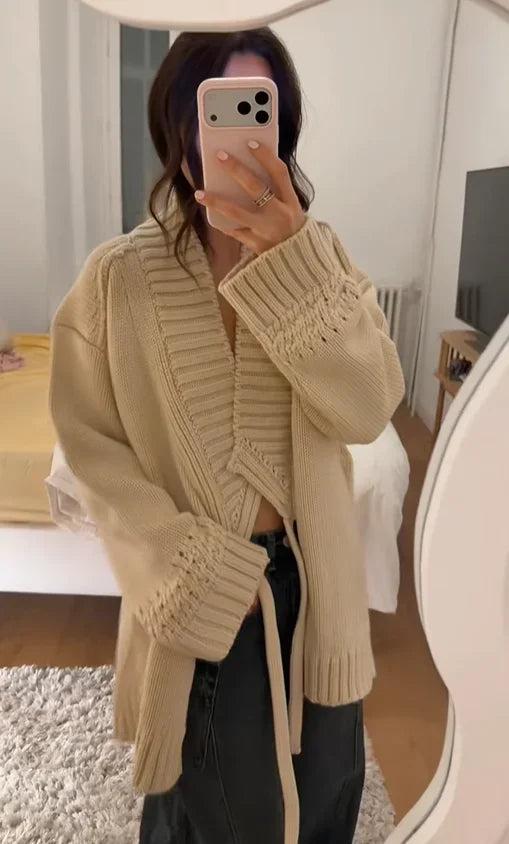 Chic V-neck Knitted Lace-up Women Cardigan Elegant Solid Full Sleeve Loose Cropped Sweater 2026 Lady Commute Office Cardigans