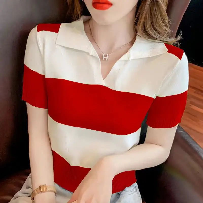 Female Polo Neck Tee Shirts Luxury Short Sleeve Fitted T Shirt High Quality Pullover Good Xxl Top Original Knitted Y2k Striped