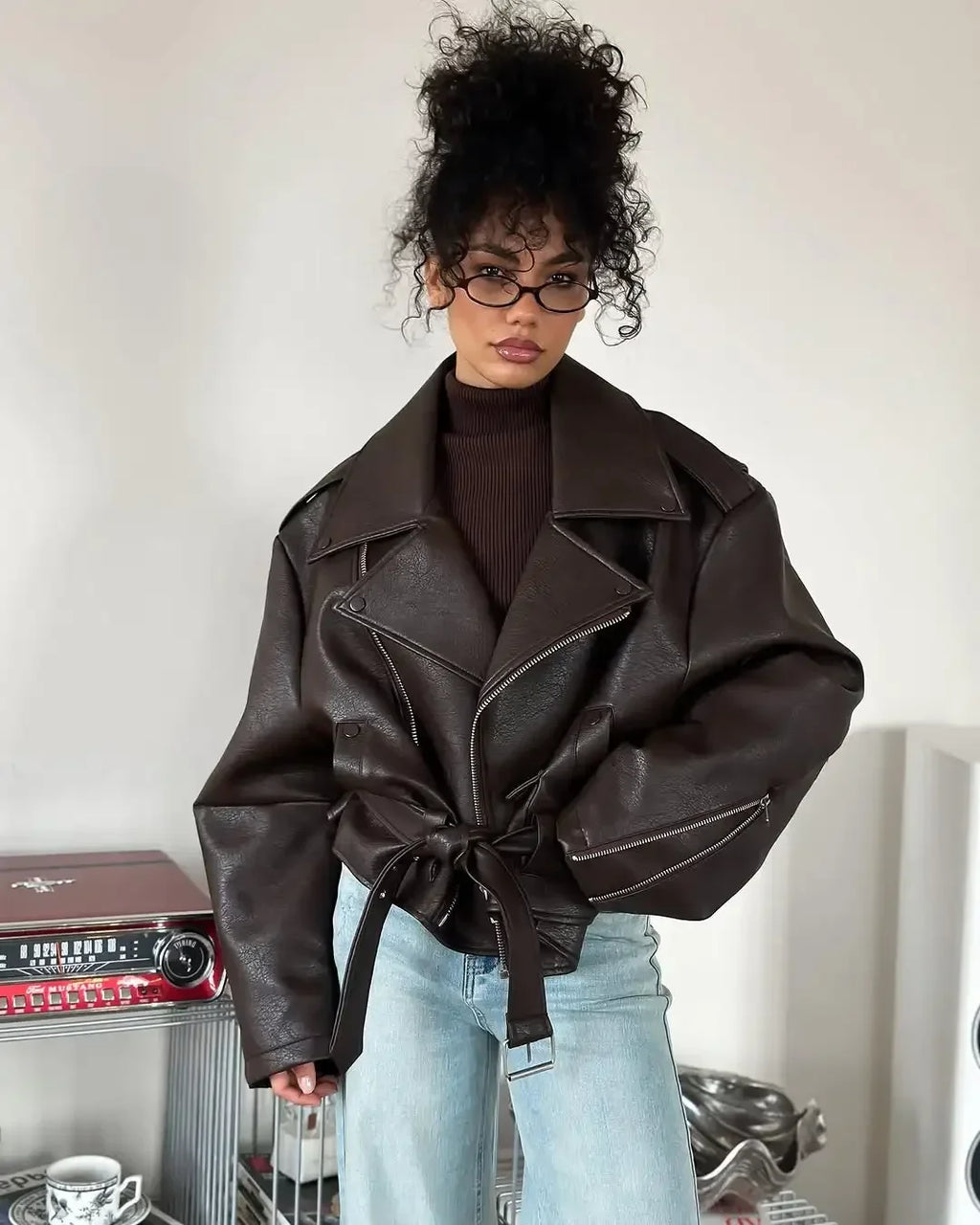 Women's Dark Red Zipper Leather Short Jackets Chic Long Sleeve Lace Up Lapel Loose Button Coat Lady Daily High Street Wear 2025