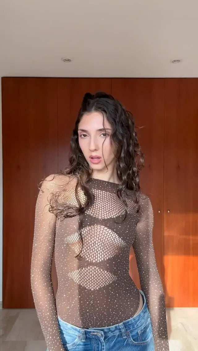 Sexy Tight Fishnet Short Bodysuit Women Solid Hollow-out Full Sleeve Sequin Versatile Bodysuits Spring Fashionable Daily Wear