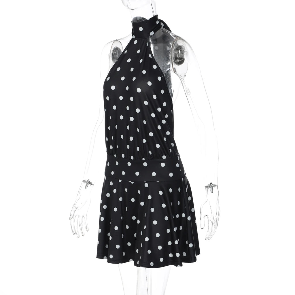 Hugcitar Polka Dot Print Halter Sleeveless Backless Bandage Sexy Slim Mini Dress Summer Women Fashion Outfit Party Vacation
