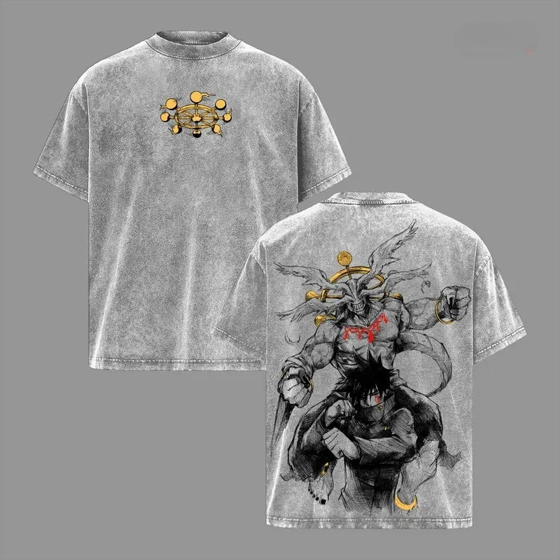 Manga Jujutsu Kaisen Fushiguro Megumi Mahoraga Print Tee Men Women Clothing Washed Cotton T-shirt Casual T Shirt Harajuku Tshirt