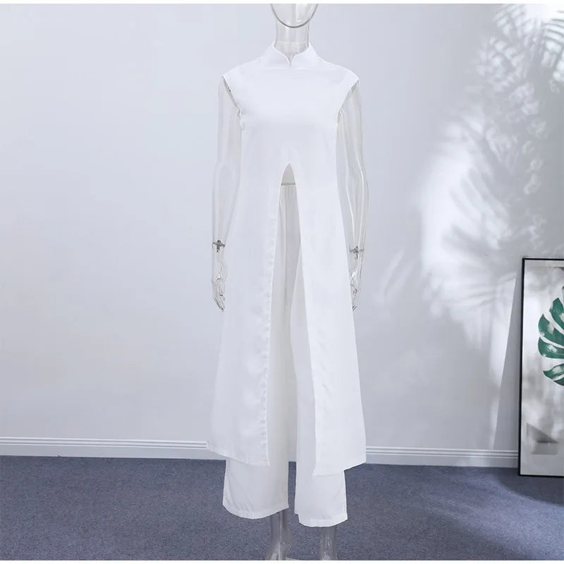Women Pant Set Stand Collar Lace Sheer Sleeveless Split Front Top Wide Leg Solid Pant Casual Elegant Two Piece Set For Ladies