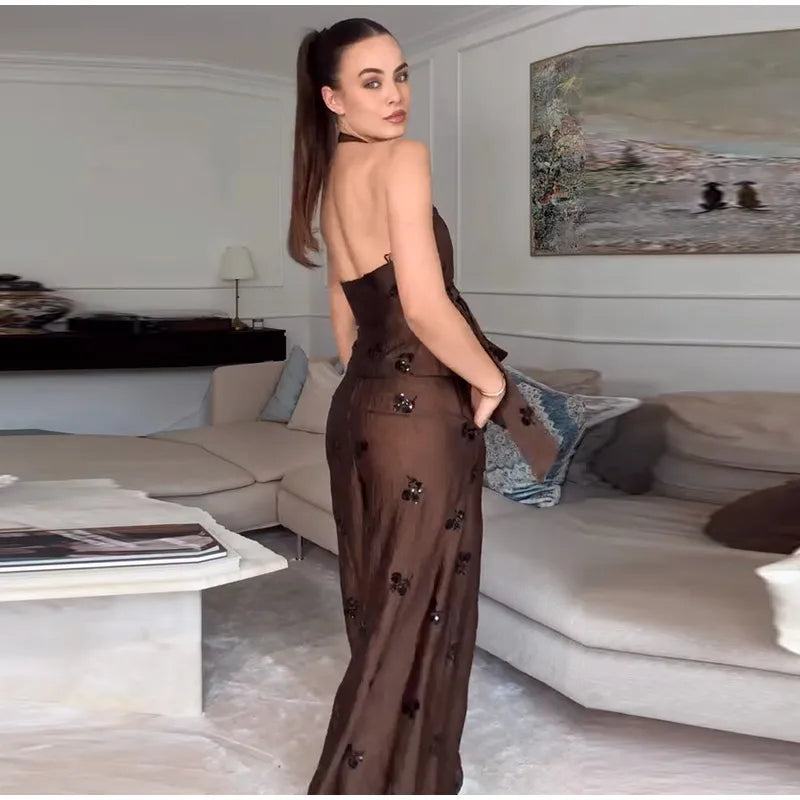 Sequin Embroidered Halter V-Neck Wrap Top & Wide Leg Pants Set 2026 Summer Chic Elegant Women Vocation Casual Two Piece Outfit