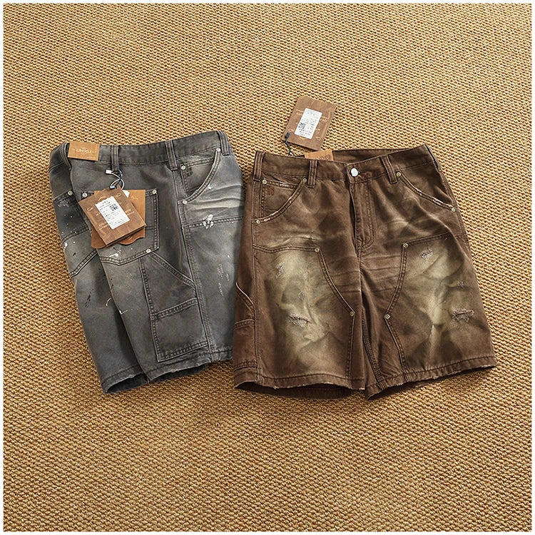 Heavy washing to do old shorts men high quality woven nail texture heavy cargo five quarter pants tide