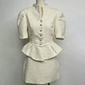 LIMO 2026 New Arrival Pink Tweed 2 Piece Outfit, Women's Elegant Peplum Top with Mini Skirt, Puff Sleeve Formal Suit