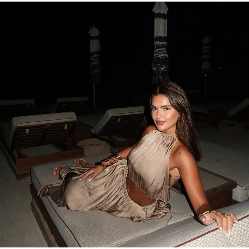 Luxury Women's Maxi Skirts Set Halter Neck Open Back Crop Top High Waist Flowy Long Skirt Elegant Formal Evening Party Outfit