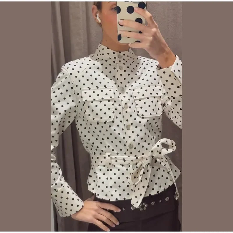 2026 Spring Polka Dot Capri Pants Sets Chic Women Stand Collar Lace Up Jacket High Waist Pencil Pants Lady 2 Pcs Outfits Street
